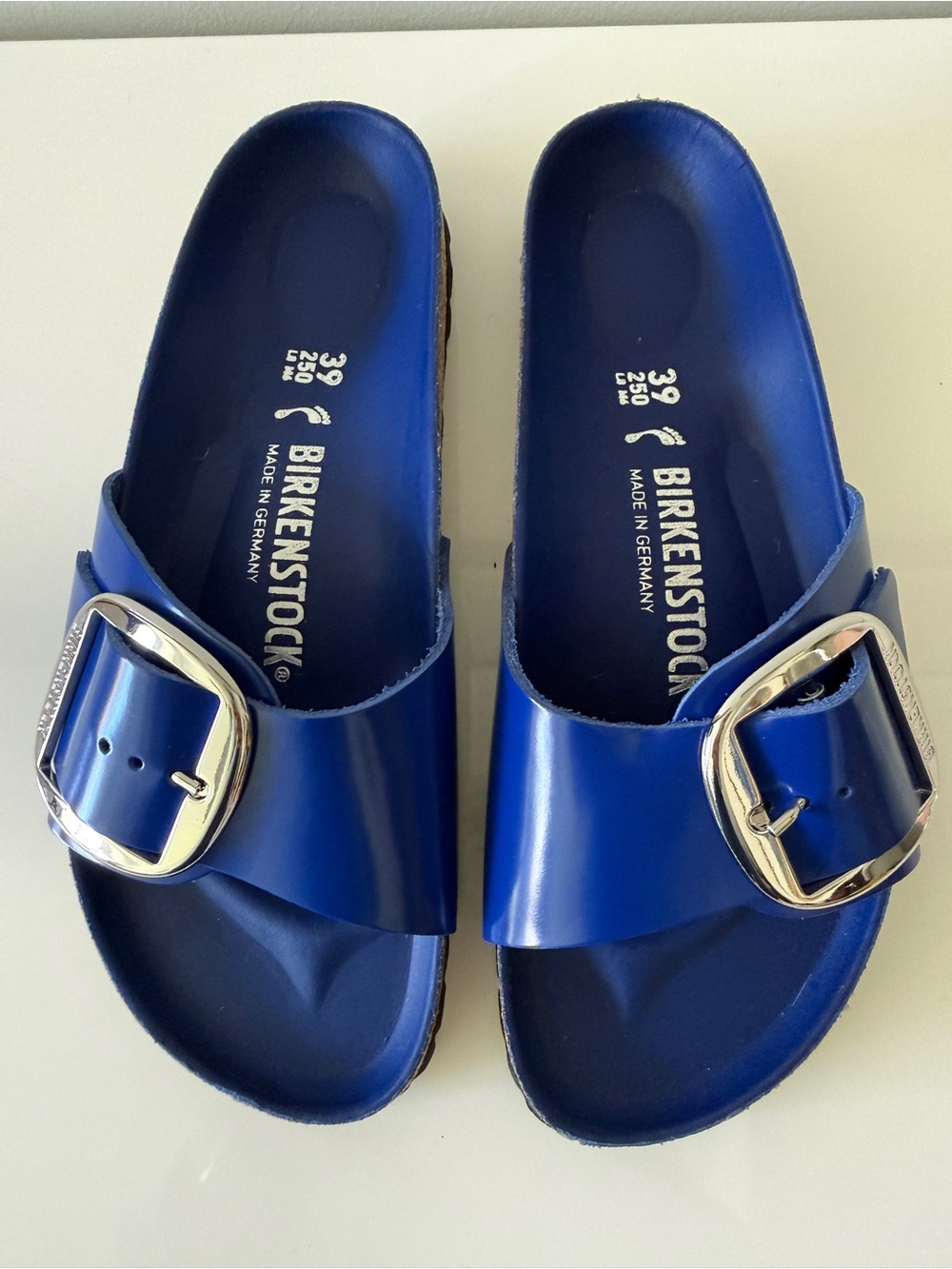 NWOB BIRKENSTOCK Big Buckle Madrid Slides Sandals High Shine Cobalt Blue 39